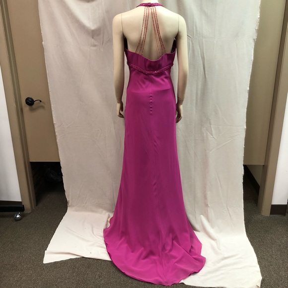 Vintage 90's Raspberry Pink Ruffle Halter Gown - Picture 4 of 8